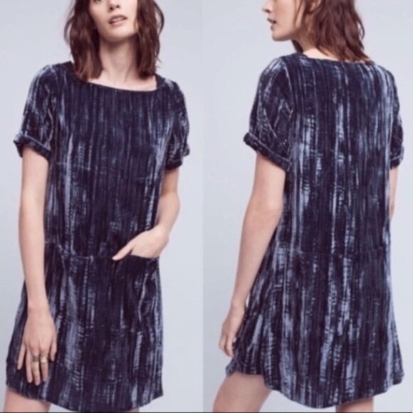 Anthropologie Floreat Blue Crushed Velvet Pocket Dress X- Small - Picture 1 of 8